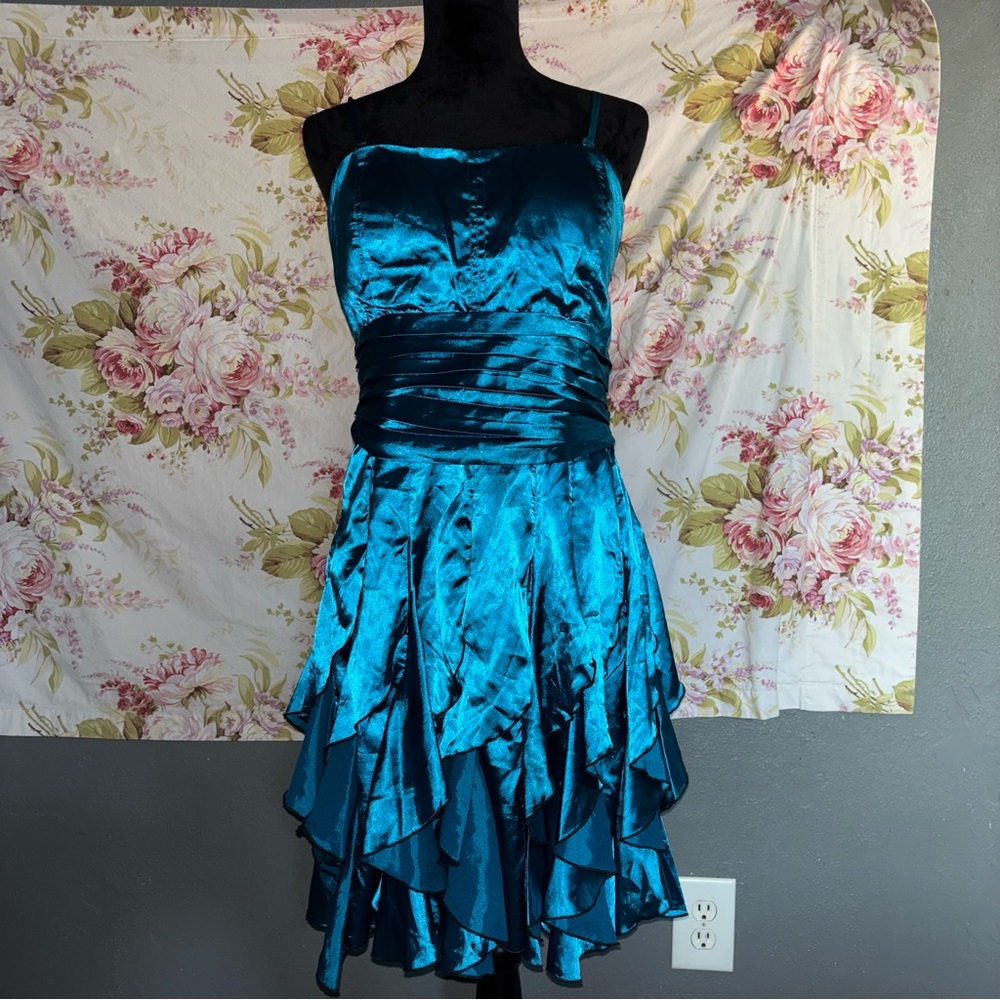 Teal Satin Ruffle Dress. Size XL.
